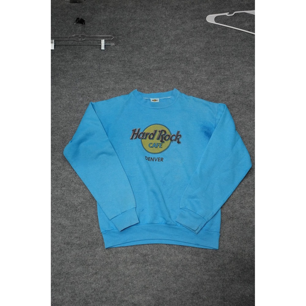 Hard Rock Cafe Denver Crewneck Sweatshirt Blue‎ Vintage Logo Pullover Overdyed